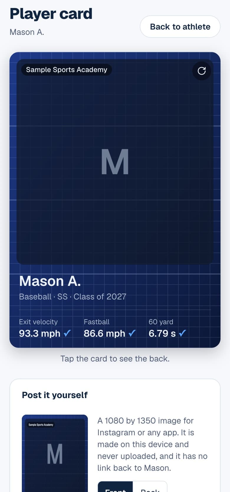 A player card on a phone, with best numbers and the measured by the program check