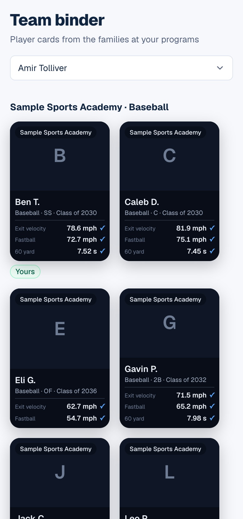 Team binder in the demo: teammates' player cards, the parent's own child marked Yours